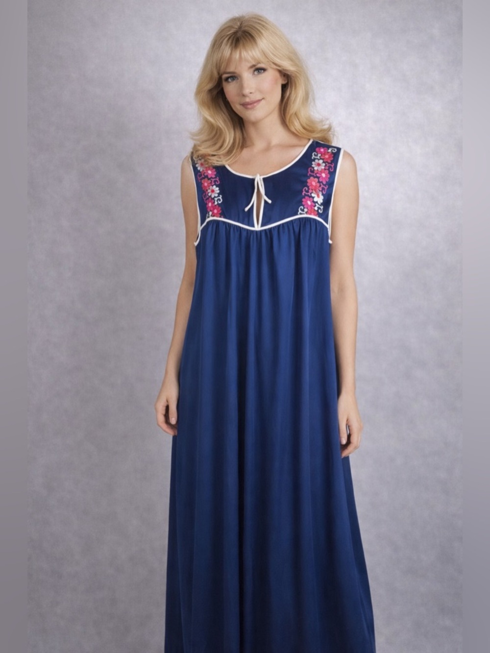 Vintage 70s JC Penney Gaymode Blue Pink Floral Embroidered Nylon Nightgown Sz S